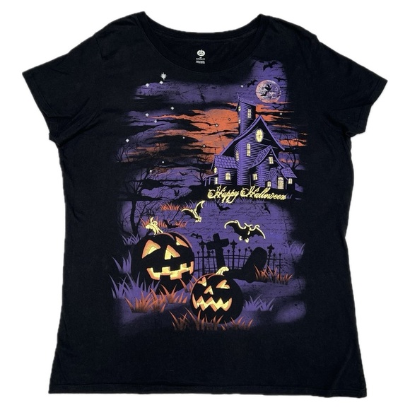 Halloween Graphic Tee Spooky Haunted House Pumpkins Bats Cotton Black 2X 18W 20W - Picture 1 of 12